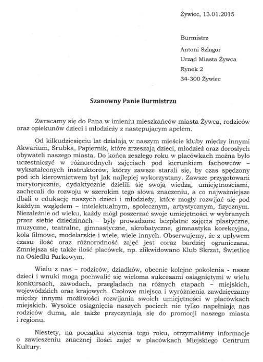 List do Burmistrza Miasta Żywca w sprawie ograniczania dostępu do kultury - strona 1